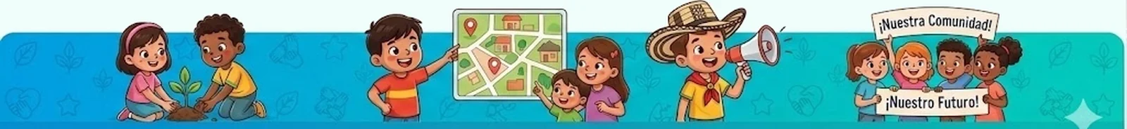 Ilustración de los niños y niñas Comunalitos en acción a lo largo del barrio