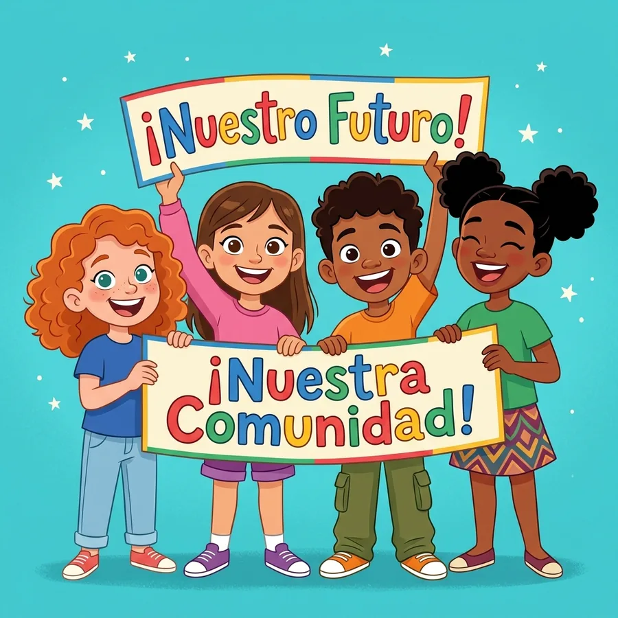 Niñas y niños Comunalitos sosteniendo pancartas que dicen ¡Nuestra Comunidad! ¡Nuestro Futuro!