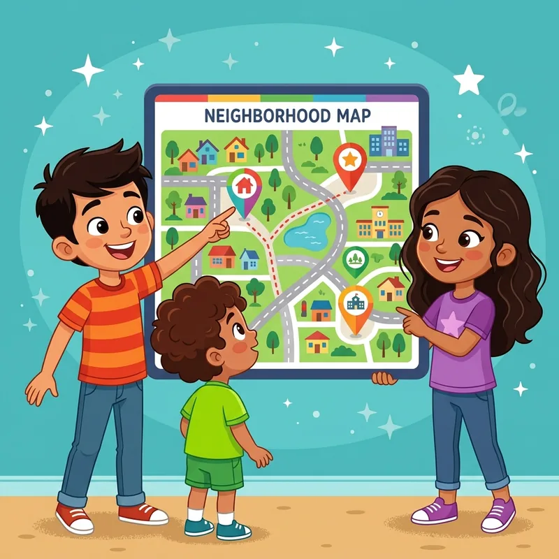 Grupo de niños y niñas señalando el mapa de su barrio