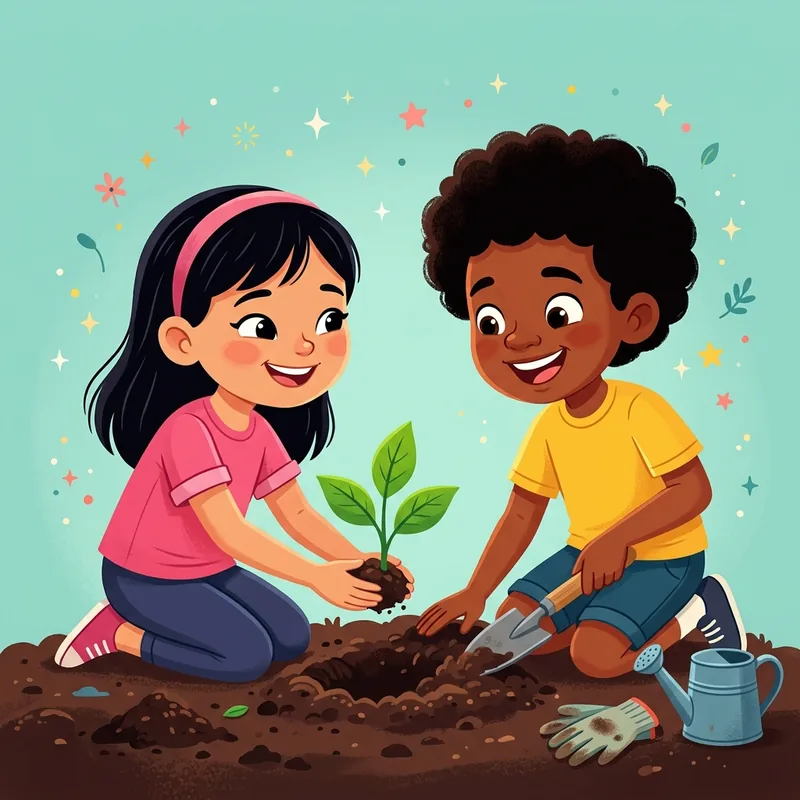 Dos niños sembrando juntos una planta pequeña